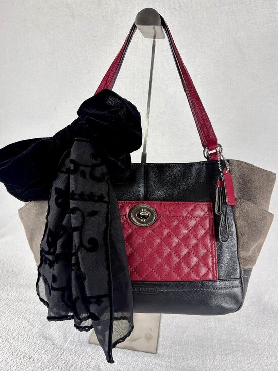 Coach Carrie Park Quilted Colorblock Tote in Burgundy, Black and Grey with Scarf main image 0
